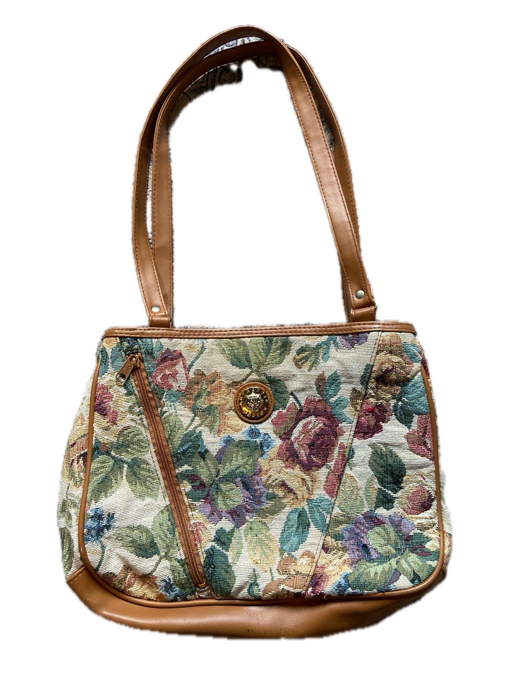 Vintage Floral Tapestry Shoulder Bag with Tan Trim